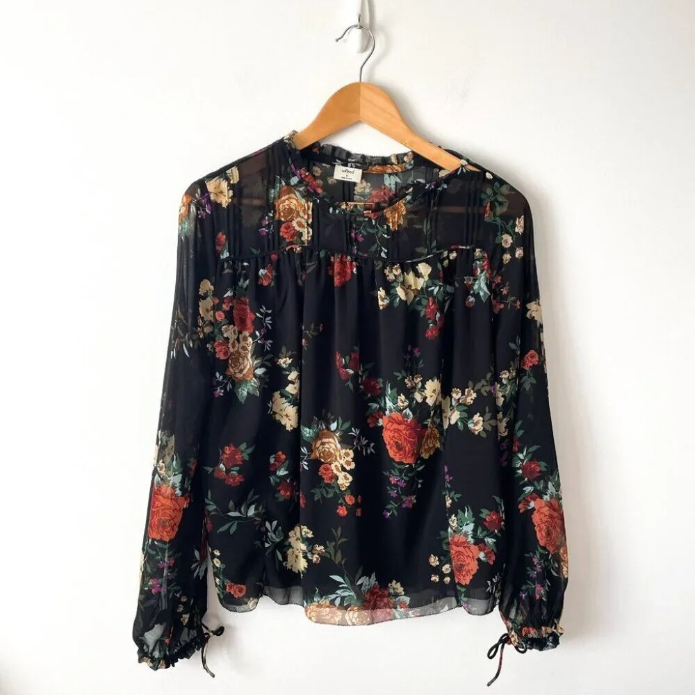 Aritzia Wilfred Chiffon Blouse Black Floral Size Small